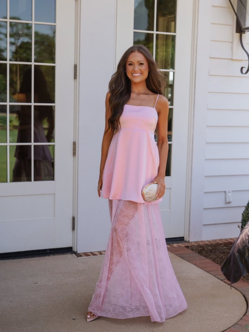 Elegant Lace Skirt Satin Maxi Dress Pink